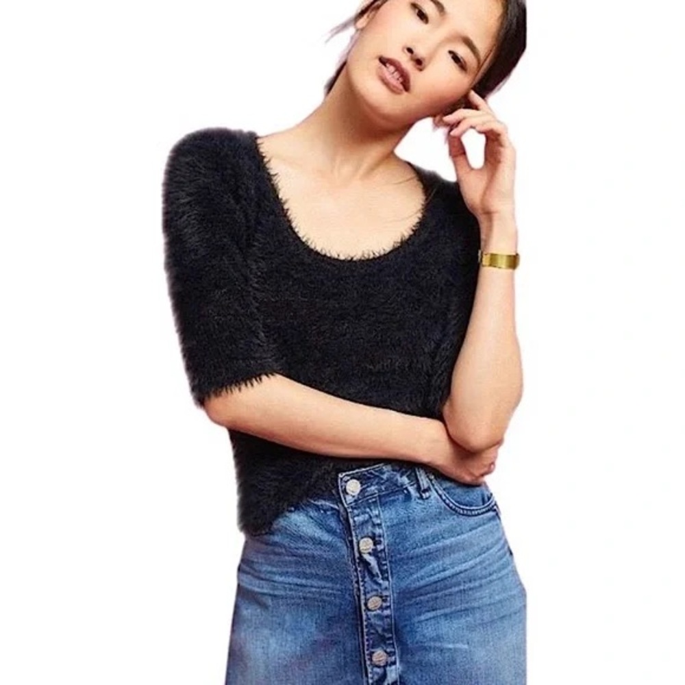 NEW Anthropologie Knitted & Knotted Black Fuzzy Sweater Size XS